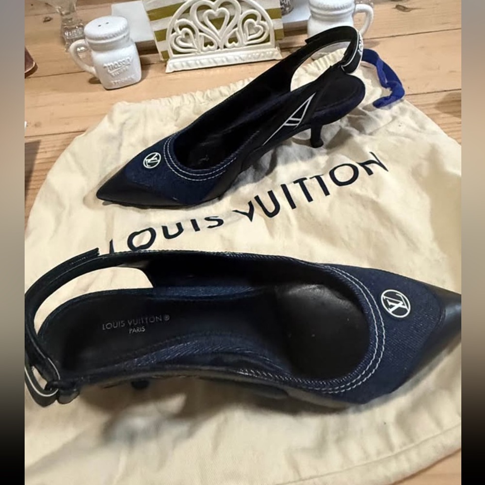 Louis Vuitton Navy Denim Slingback Kitten Heels